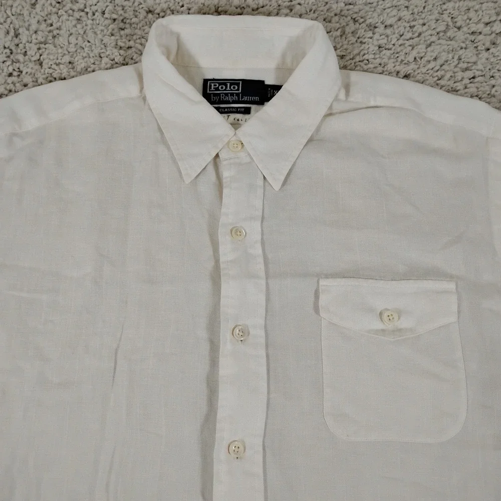 Polo Ralph Lauren Shirt Mens XL White Linen Pocket Short Sleeve Button Beach 90s